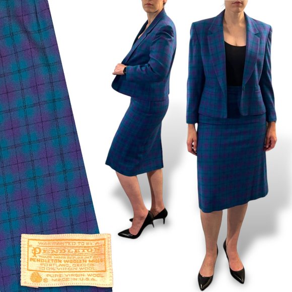 Vintage 80s Pendleton Plaid Skirt Suit Blazer Jacket Purple Aqua Blue Green M/L - Picture 1 of 11